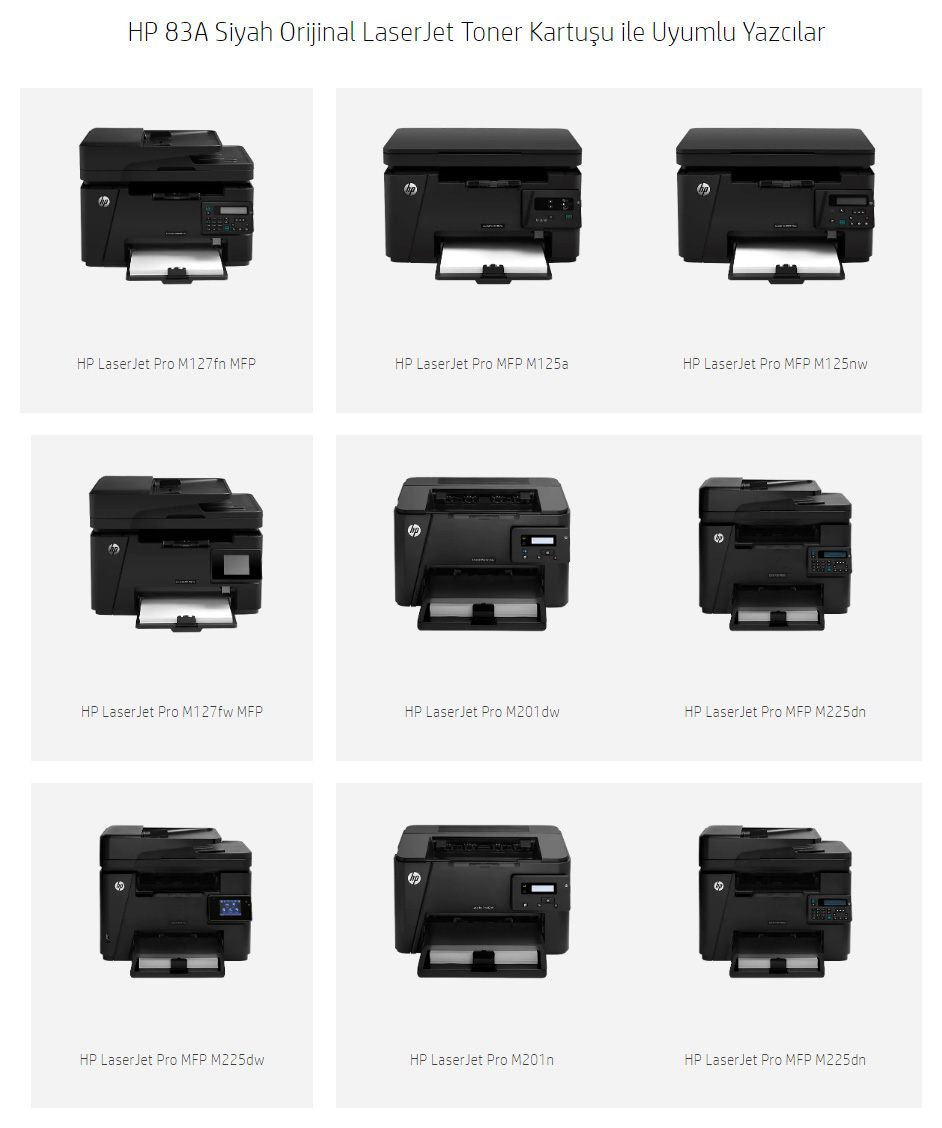 HP 83A Siyah Orijinal LaserJet Toner Kartuşu ile Uyumlu Yazcılar