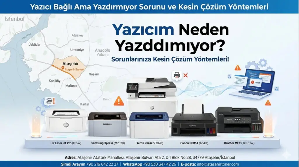 Yazıcı Bağlı Ama Yazdırmıyor (Çözüm Rehberi) | Ataşehir Yazıcı Servisi